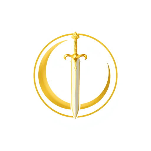 Professional logo design. A clean and simple emblem of a medieval claymore sword with subtle decorative details, placed in front of a crescent moon. The logo is gold, inside a circle, on a white background. The design should be bold, clear, and iconic, suitable for a comic book superhero chest insignia.