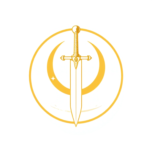 Professional logo design. A clean and simple emblem of a medieval claymore sword with subtle decorative details, placed in front of a crescent moon. The logo is gold, inside a circle, on a white background. The design should be bold, clear, and iconic, suitable for a comic book superhero chest insignia.