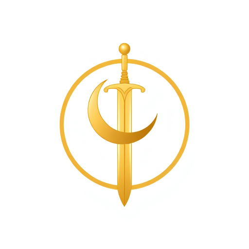 Professional logo design. A gold emblem of a medieval sword with the crescent moon integrated into the blade itself, forming a subtle curve. The logo is inside a circle on a white background, simple and clear, suitable for a comic book chest symbol. Bold lines, iconic and heroic.
