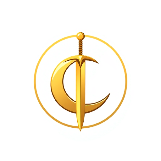Professional logo design. A gold emblem of a medieval sword with the crescent moon integrated into the blade itself, forming a subtle curve. The logo is inside a circle on a white background, simple and clear, suitable for a comic book chest symbol. Bold lines, iconic and heroic.