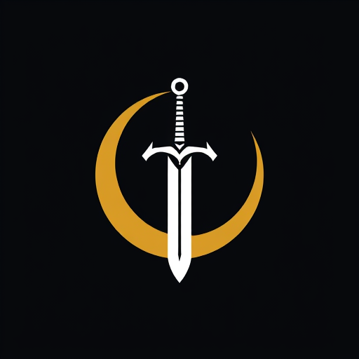 Professional logo design. A minimalist emblem of a medieval claymore sword with a crescent moon behind it. The design should be elegant and ornamental, with clean lines, using only white and gold colors. The logo must look like a heroic insignia suitable for a superhero chest symbol.