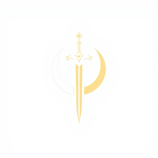 Professional logo design. A minimalist emblem of a medieval claymore sword with a crescent moon behind it. The design should be elegant and ornamental, with clean lines, using only white and gold colors. The logo must look like a heroic insignia suitable for a superhero chest symbol.