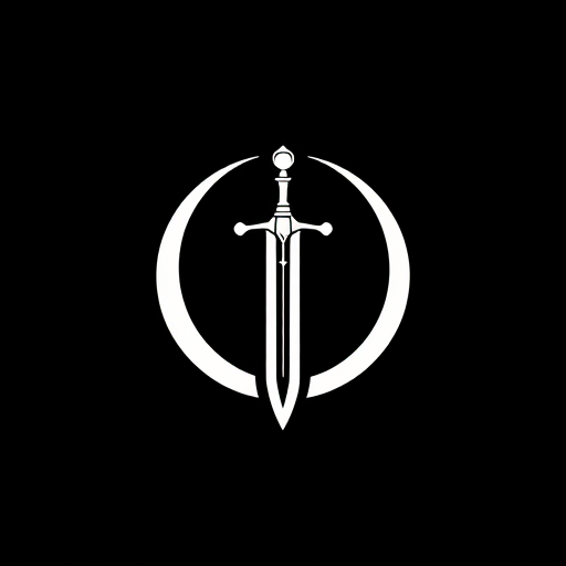 Professional logo design. A minimalist emblem of a medieval claymore sword with a crescent moon behind it. The design should be elegant and ornamental, with clean lines, using only white and gold colors. The logo must look like a heroic insignia suitable for a superhero chest symbol.
