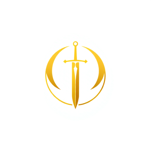 Professional logo design. A minimalist gold emblem of a medieval sword with a crescent moon behind it, stylized with clean lines. The sword is centered in a circle, on a white background. Bold and iconic design, perfect for a comic book superhero chest insignia, with a heroic and elegant feel.