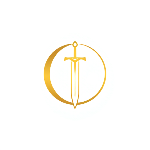 Professional logo design. A minimalist gold emblem of a medieval sword with a crescent moon behind it, stylized with clean lines. The sword is centered in a circle, on a white background. Bold and iconic design, perfect for a comic book superhero chest insignia, with a heroic and elegant feel.