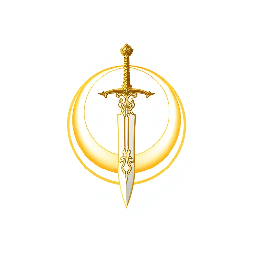 Professional logo design. A detailed emblem of a medieval claymore sword with intricate designs on the blade and hilt, placed in front of a crescent moon. The logo is entirely gold, set inside a perfect circle, on a white background. The style should be ornamental and heroic, suitable as a superhero chest insignia, emphasizing elegance and medieval motifs.