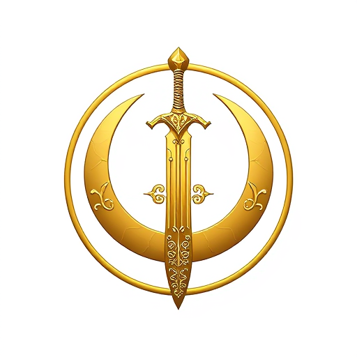 Professional logo design. A detailed emblem of a medieval claymore sword with intricate designs on the blade and hilt, placed in front of a crescent moon. The logo is entirely gold, set inside a perfect circle, on a white background. The style should be ornamental and heroic, suitable as a superhero chest insignia, emphasizing elegance and medieval motifs.