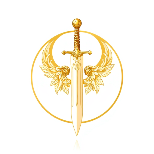 Professional logo design. A detailed emblem of a medieval claymore sword with intricate designs on the blade and hilt, placed in front of a crescent moon. The logo is entirely gold, set inside a perfect circle, on a white background. The style should be ornamental and heroic, suitable as a superhero chest insignia, emphasizing elegance and medieval motifs.