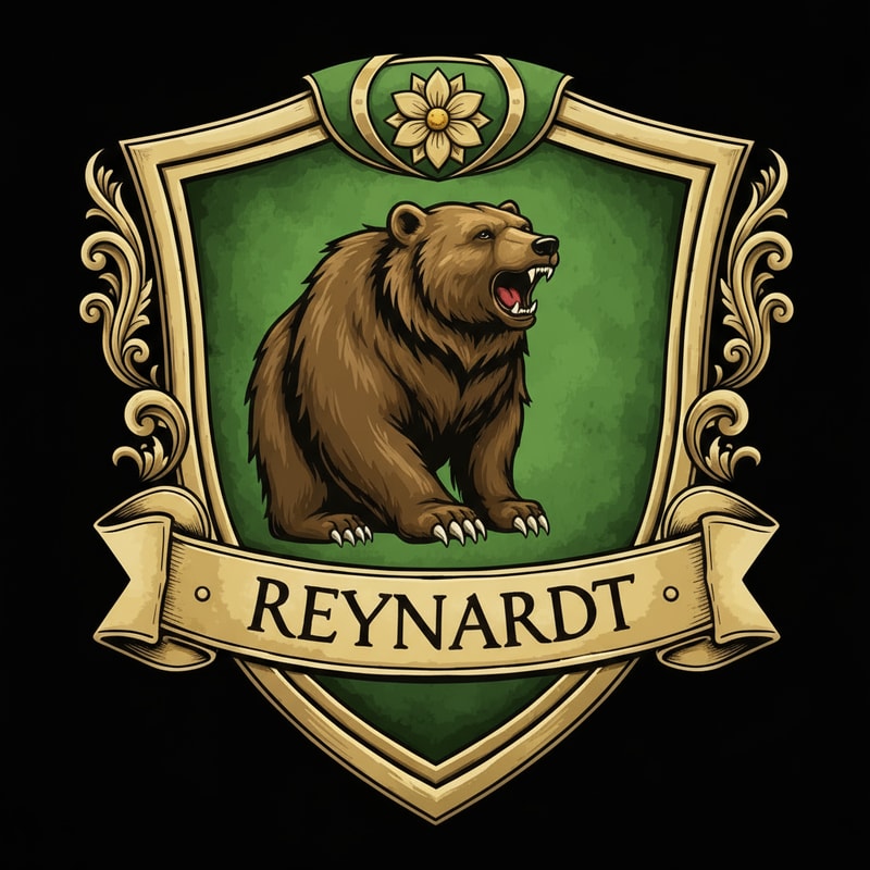 Medieval fantasy noble house shield logo , featuring a bear and the name Reynardt. Green colours with gold detailing and flower decoration.