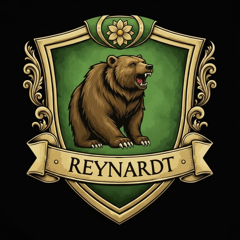 Medieval fantasy noble house shield logo , featuring a bear and the name Reynardt. Green colours with gold detailing and flower decoration.