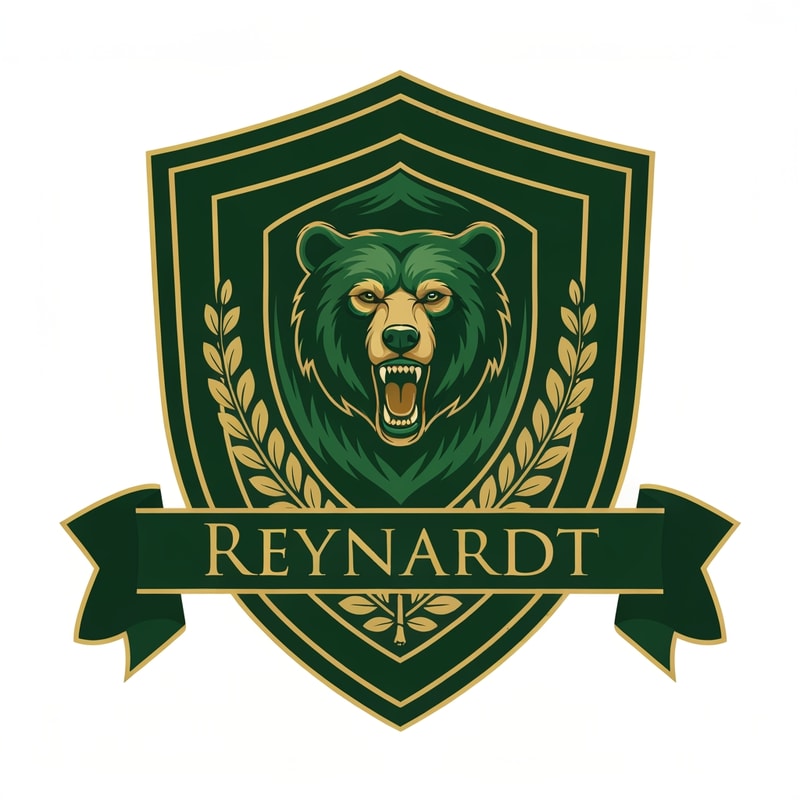 Fantasy noble house family shield logo featuring a bear. the main colors should be green, with gold details. it should also contain the name Reynardt