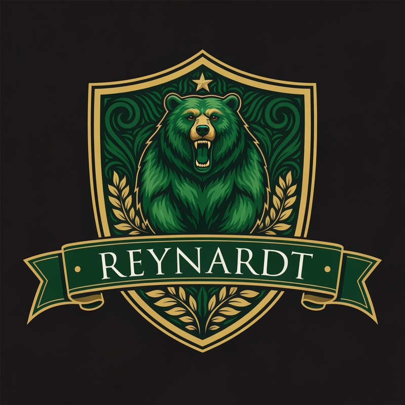 Fantasy noble house family shield logo featuring a bear. the main colors should be green, with gold details. it should also contain the name Reynardt