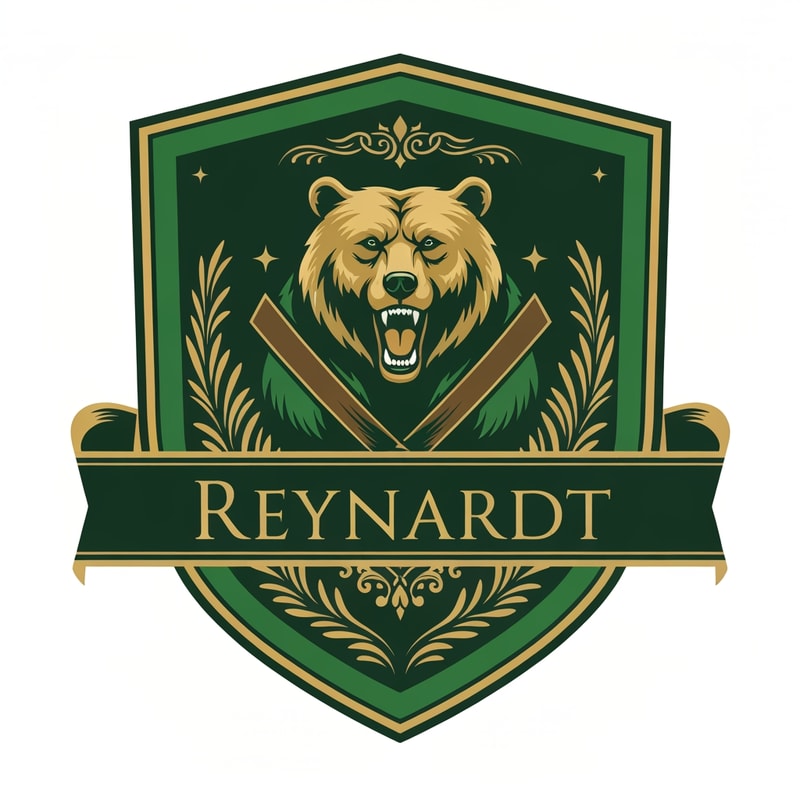 Fantasy noble house family shield logo featuring a bear. the main colors should be green, with gold details. it should also contain the name Reynardt