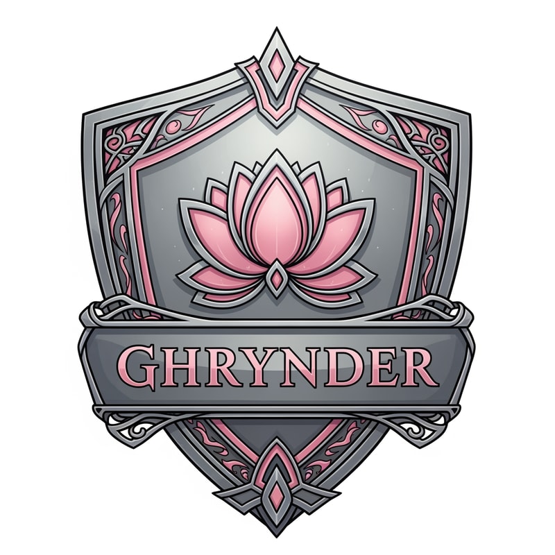 Fantasy house logo, in the form of a shield, with the colours silver and pink. it should contain a lotus flower as symbol. It also needs to feature the name "Ghrynder"