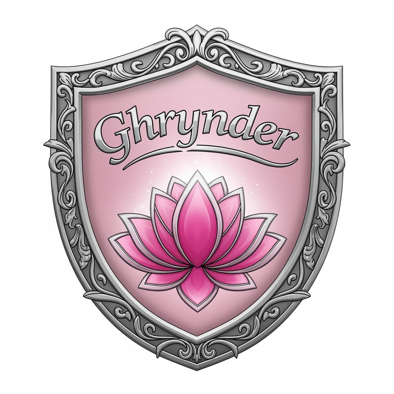 Fantasy house logo, in the form of a shield, with the colours silver and pink. it should contain a lotus flower as symbol. It also needs to feature the name "Ghrynder"