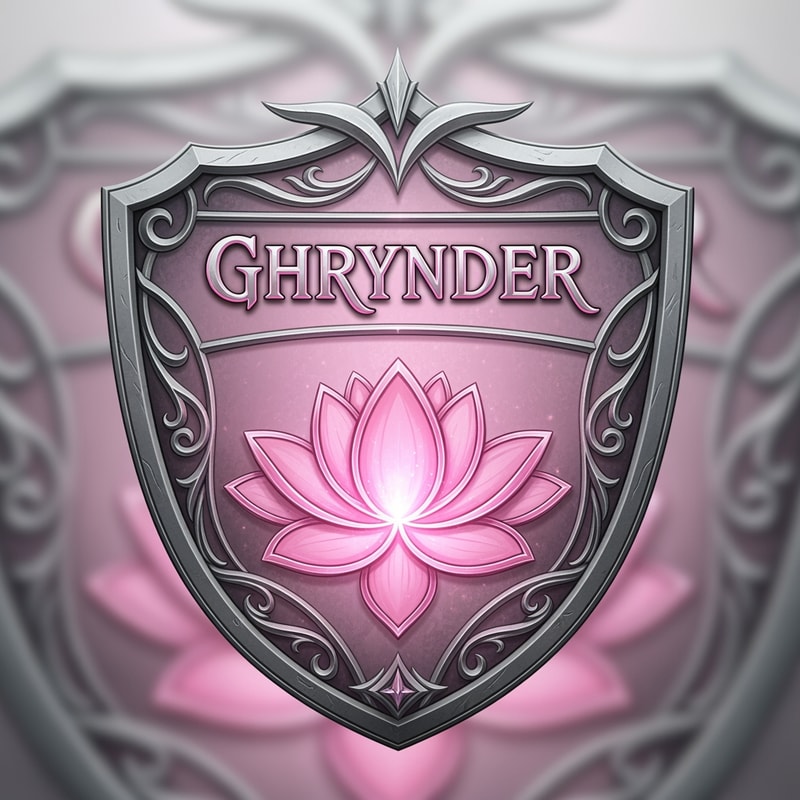 Fantasy house logo, in the form of a shield, with the colours silver and pink. it should contain a lotus flower as symbol. It also needs to feature the name "Ghrynder"