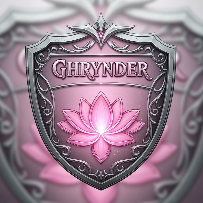 Fantasy house logo, in the form of a shield, with the colours silver and pink. it should contain a lotus flower as symbol. It also needs to feature the name "Ghrynder"