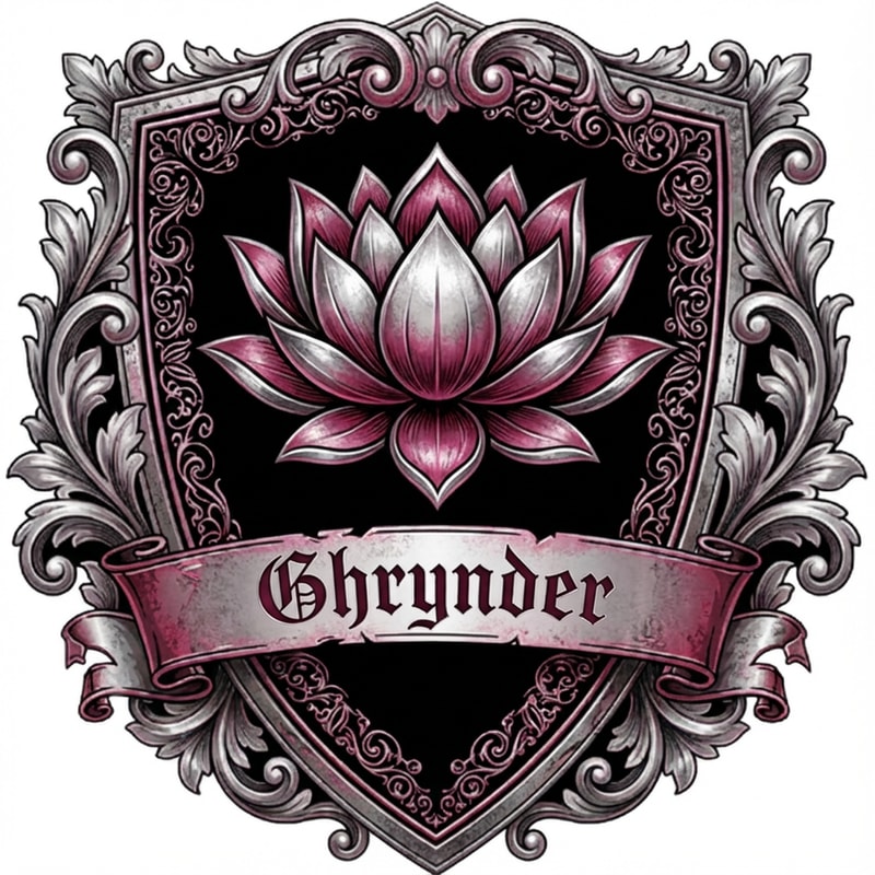 Fantasy house logo, in the form of a shield, with the colours silver and pink. it should contain a lotus flower as symbol. It also needs to feature the name "Ghrynder"