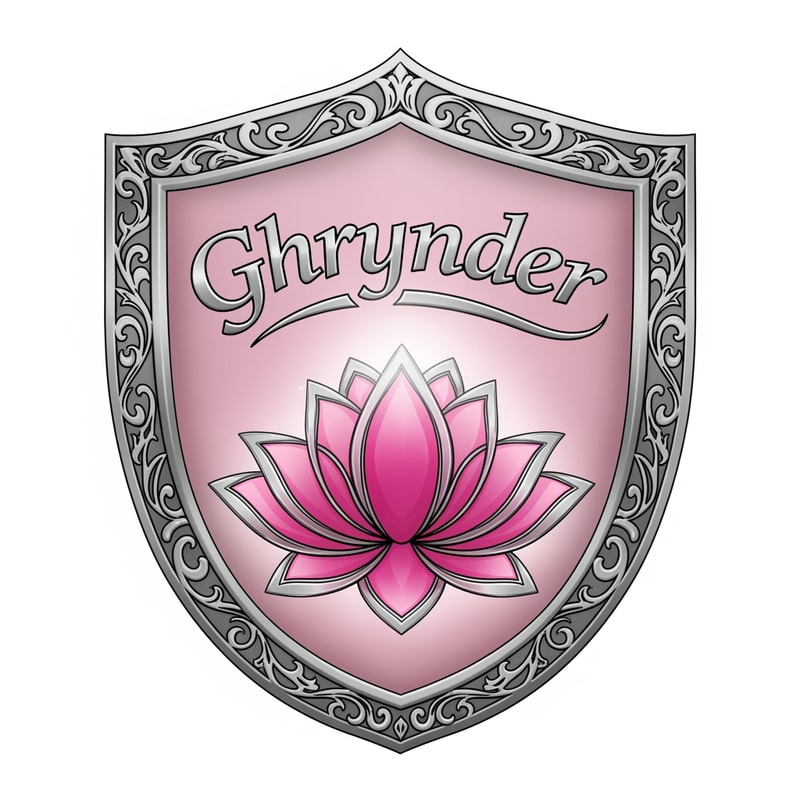 Fantasy house logo, in the form of a shield, with the colours silver and pink. it should contain a lotus flower as symbol. It also needs to feature the name "Ghrynder"