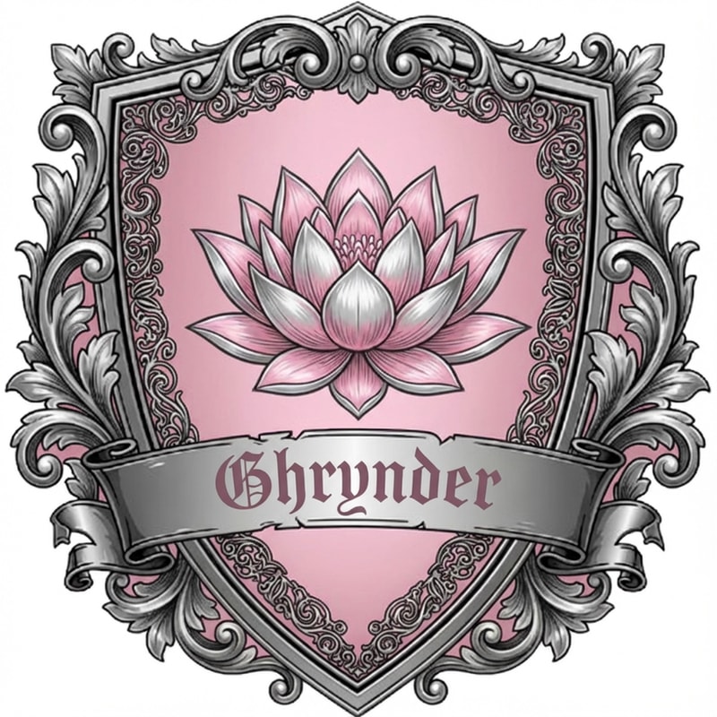 Fantasy noble house logo, in the form of a shield, with the colours silver and pink. it should contain a lotus flower as symbol. It also needs to feature the name "Ghrynder"