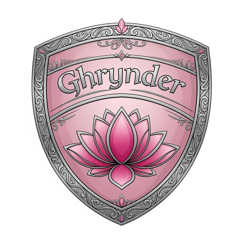 Fantasy house logo, in the form of a shield, with the colours silver and pink. it should contain a lotus flower as symbol. It also needs to feature the name "Ghrynder"