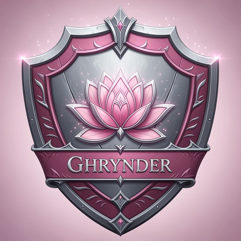Fantasy house logo, in the form of a shield, with the colours silver and pink. it should contain a lotus flower as symbol. It also needs to feature the name "Ghrynder"