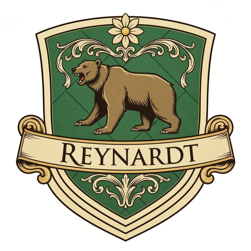 Medieval fantasy noble house shield logo , featuring a bear and the name Reynardt. Green colours with gold detailing and flower decoration.