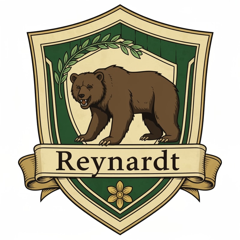 Medieval fantasy noble house shield logo , featuring a bear and the name Reynardt. Green colours with gold detailing and flower decoration.