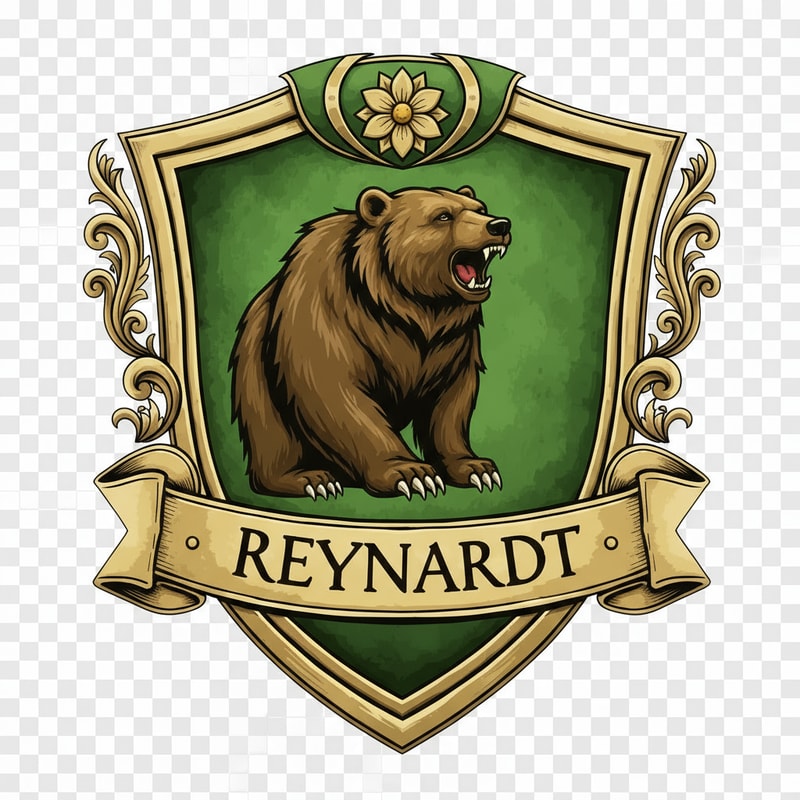 Medieval fantasy noble house shield logo , featuring a bear and the name Reynardt. Green colours with gold detailing and flower decoration.