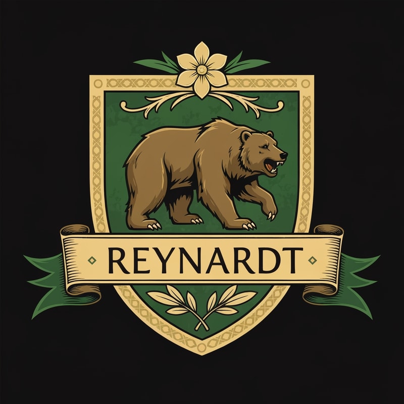 Medieval fantasy noble house shield logo , featuring a bear and the name Reynardt. Green colours with gold detailing and flower decoration.