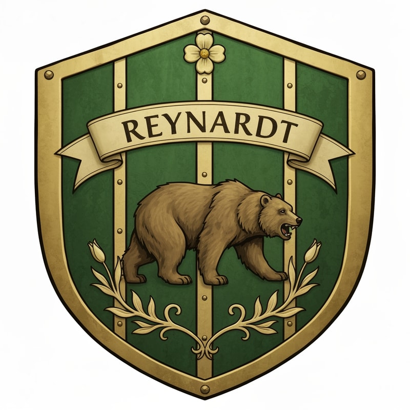 Medieval fantasy noble house shield, featuring a bear and the name Reynardt. Green colours with gold detailing and flower decoration.