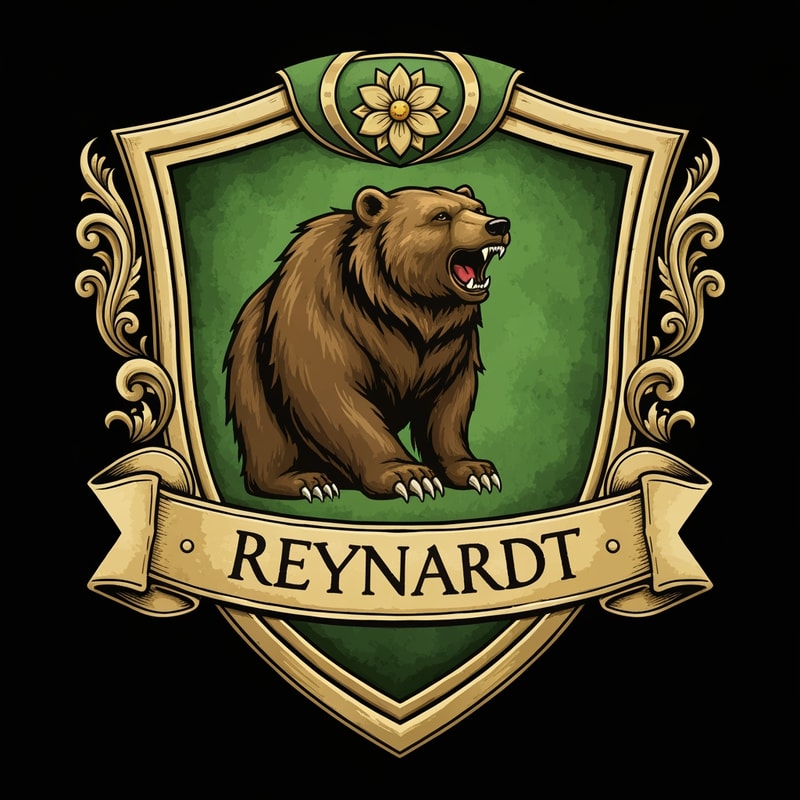 Medieval fantasy noble house shield logo , featuring a bear and the name Reynardt. Green colours with gold detailing and flower decoration.