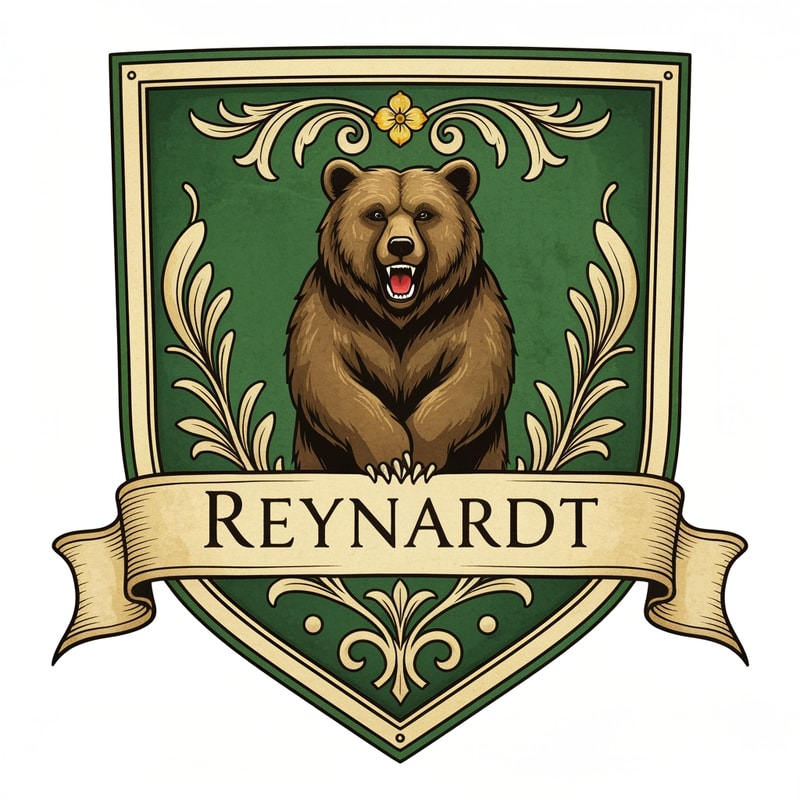 Medieval fantasy noble house shield logo , featuring a bear and the name Reynardt. Green colours with gold detailing and flower decoration.