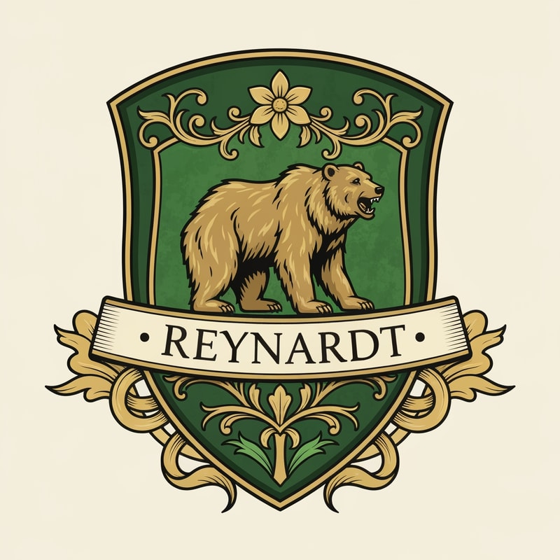 Medieval fantasy noble house shield logo , featuring a bear and the name Reynardt. Green colours with gold detailing and flower decoration.