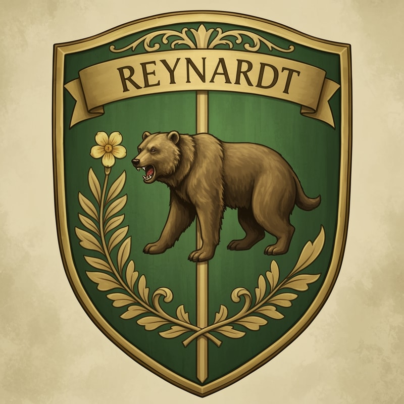 Medieval fantasy noble house shield, featuring a bear and the name Reynardt. Green colours with gold detailing and flower decoration.