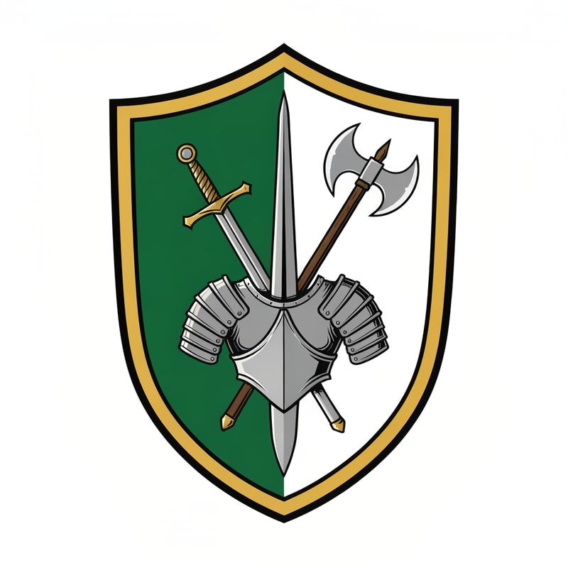 make me a medieval shield logo, with on the banner a sword, axe and armor. the shield should be left green, rightside white, with gold accents