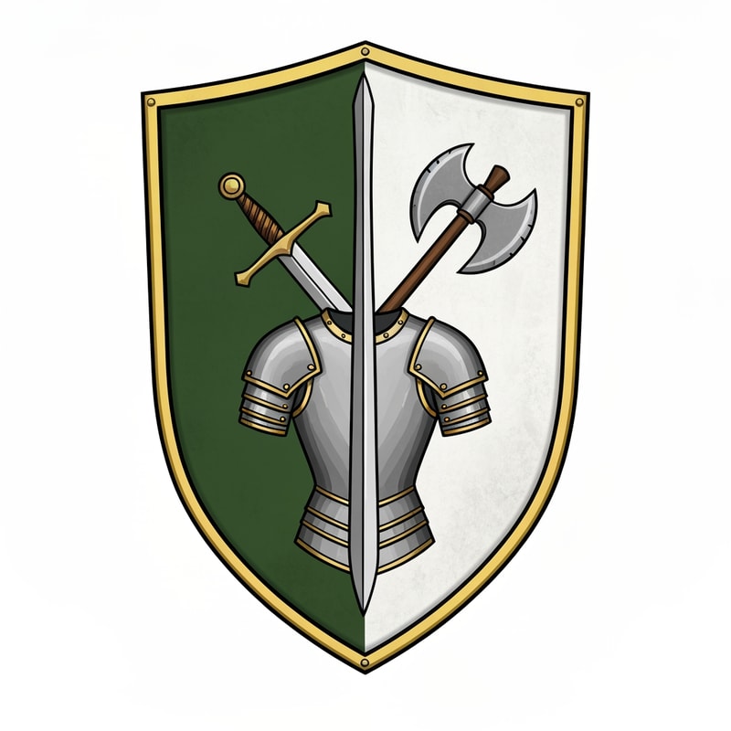 make me a medieval shield, with on the banner a sword, axe and armor. the shield should be left green, rightside white, with gold accents. make it look like its made for a medieval server