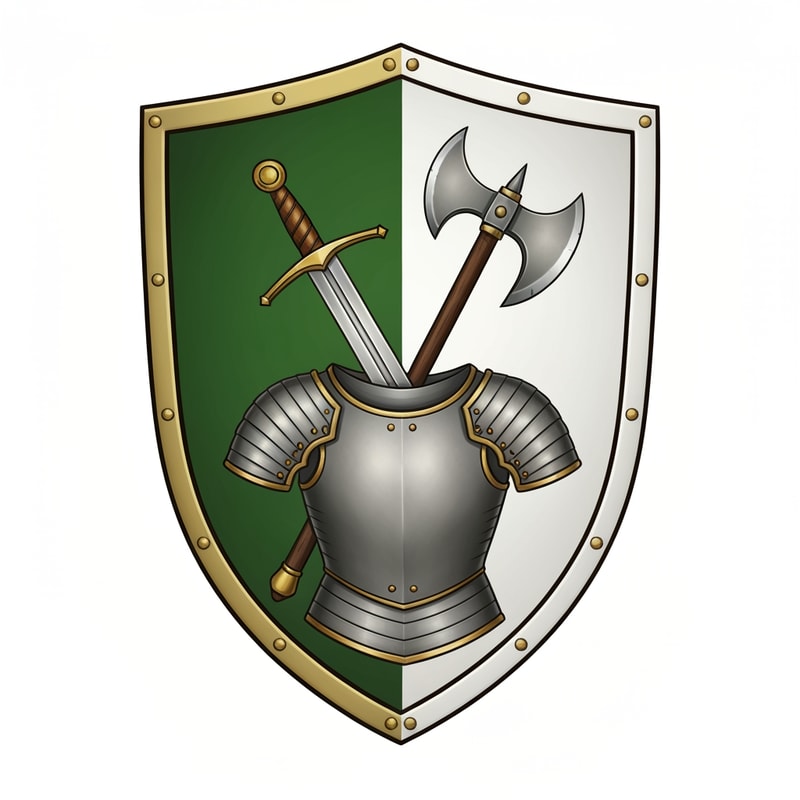 make me a medieval shield, with on the banner a sword, axe and armor. the shield should be left green, rightside white, with gold accents. make it look like its made for a medieval server