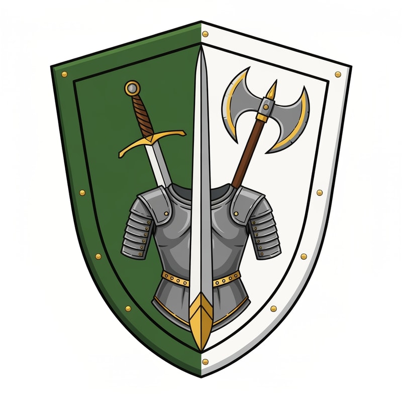 make me a medieval shield, with on the banner a sword, axe and armor. the shield should be left green, rightside white, with gold accents.