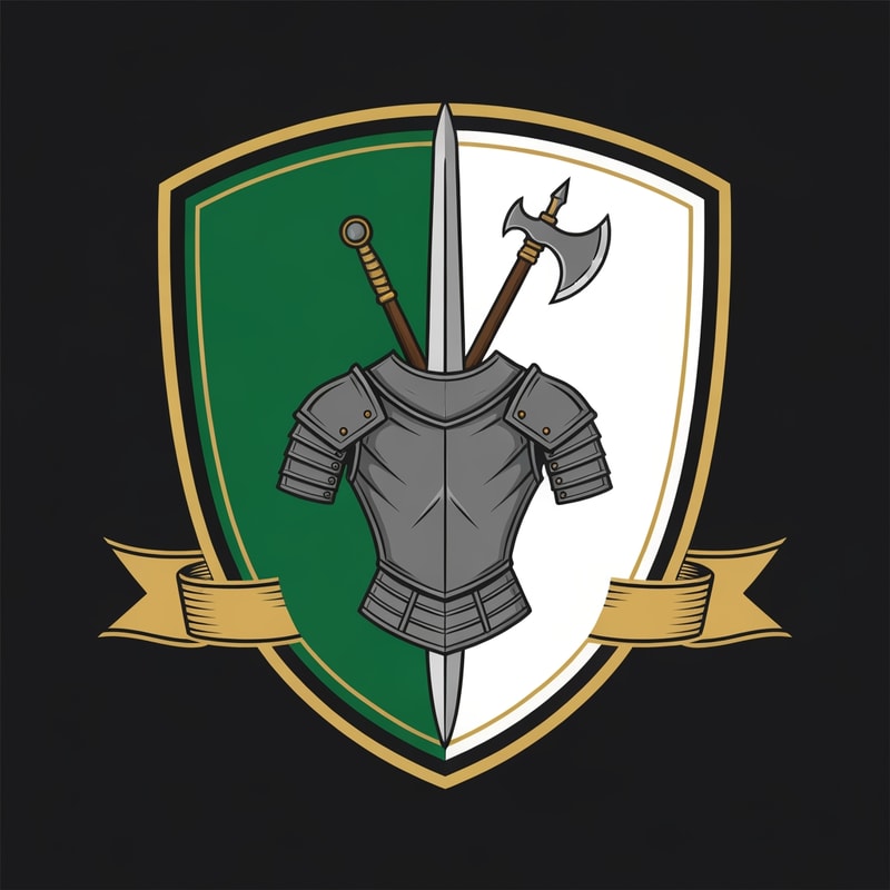 make me a medieval shield logo, with on the banner a sword, axe and armor. the shield should be left green, rightside white, with gold accents