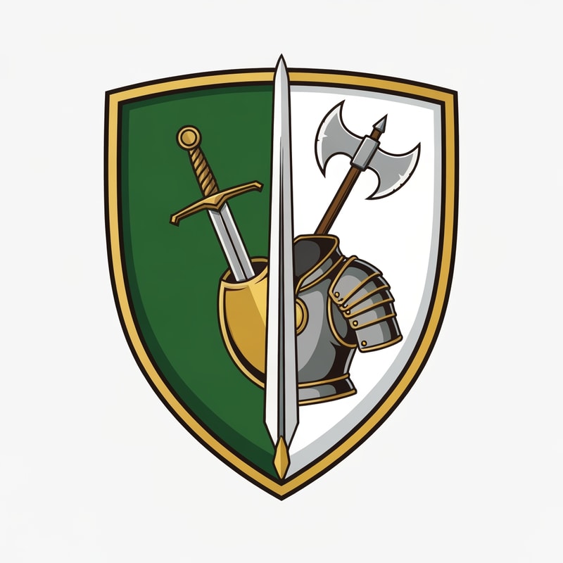 make me a medieval shield logo, with on the banner a sword, axe and armor. the shield should be left green, rightside white, with gold accents