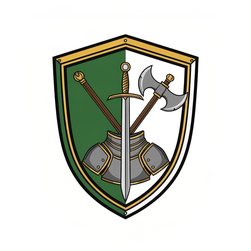make me a medieval shield logo, with on the banner a sword, axe and armor. the shield should be left green, rightside white, with gold accents