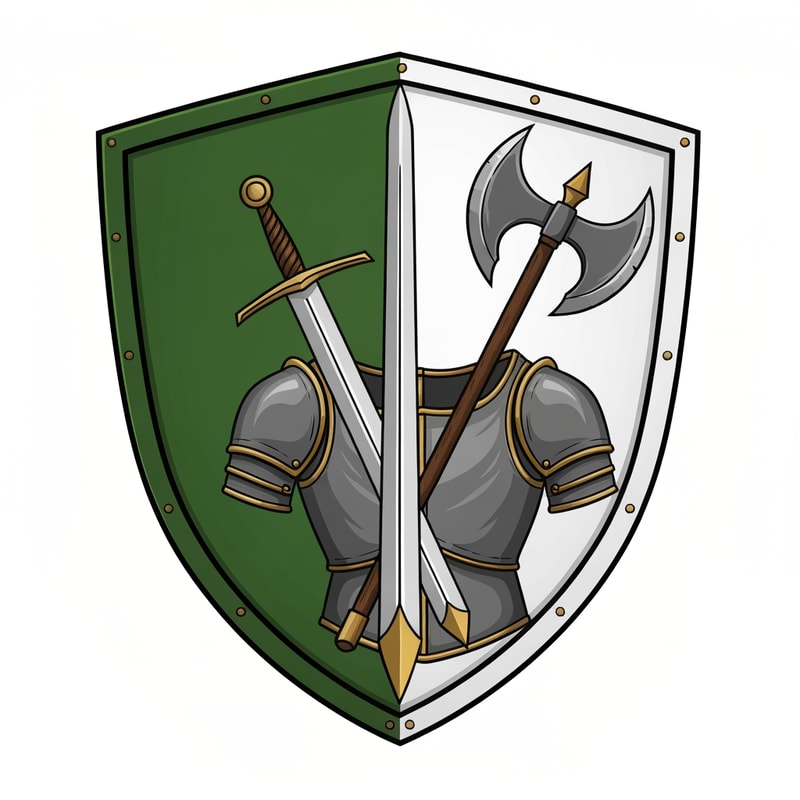 make me a medieval shield, with on the banner a sword, axe and armor. the shield should be left green, rightside white, with gold accents.