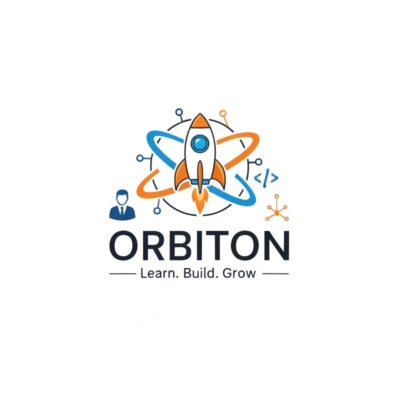 Create a modern, clean, and professional logo for a student-run tech community named ORBITON. The logo should represent learning, coding, innovation, and collaboration. Include elements like orbit rings, rockets, digital circuits, coding symbols, or network connections. Use vibrant but professional colors like blue, green, or orange. Style should be minimalistic, friendly, and appealing to college students. Include a small tagline: ‘Learn. Build. Grow.’ Optional: subtle Indian vibe in design (abstract motif or warm accent colors). Vector format preferred, clean and scalable design suitable for WhatsApp group icon.