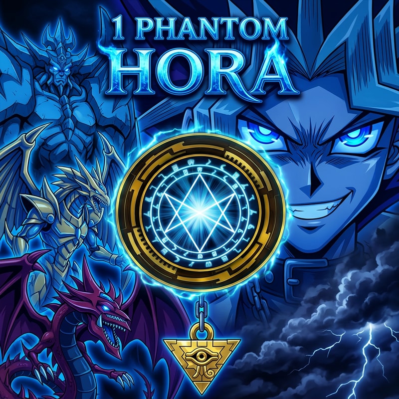 Ezt módosítsd nekem. Legyen szimplán annyi írva felülre. Hora és a háttér Yugi legyen kék színnel izzó kék szemmel és gonosz mosolyal. Viszont bal oldalt a Obelisk, Ra És Slifer legyen és a Hora szó is kék legyen fölötte 1 phantom