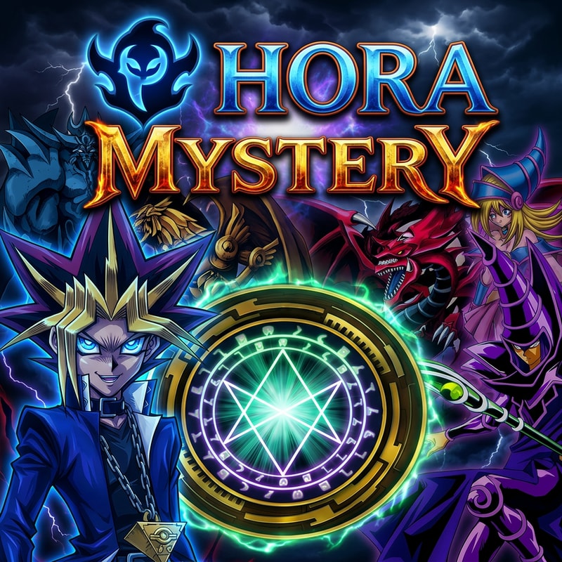 Ezt módosítsd nekem. Legyen szimplán annyi írva felülre. Hora és a háttér Yugi legyen kék színnel izzó kék szemmel és gonosz mosolyal. Viszont bal oldalt a Obelisk, Ra És Slifer legyen és a Hora szó is kék legyen fölötte 1 phantom logóval.