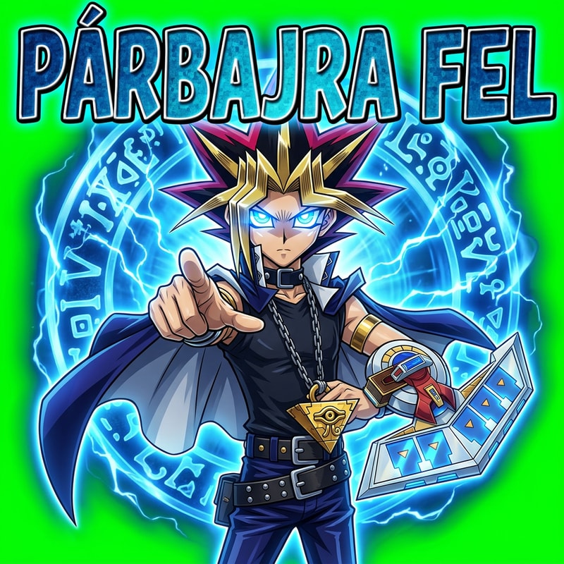 Ezt alakítsd át arra hogy Yugi áll 1 helybe kezében 1 Dueldisk Kék izzó szemmel és rám mutat és oda van írva PÁRBAJRA FEL. És kék effekt van Yugi körül az írás is kékes