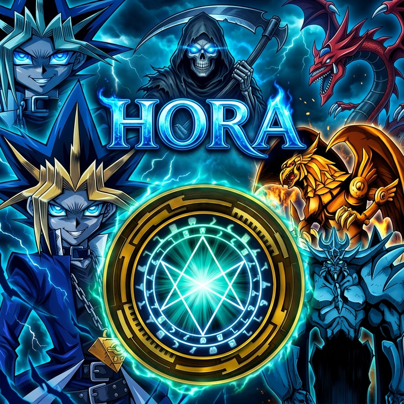 Ezt módosítsd nekem. Legyen szimplán annyi írva felülre. Hora és a háttér Yugi legyen kék színnel izzó kék szemmel és gonosz mosolyal. Viszont jobb oldalt a Obelisk, Ra És Slifer legyen és a Hora szó is kék legyen fölötte 1 phantom kaszás kék szemmel