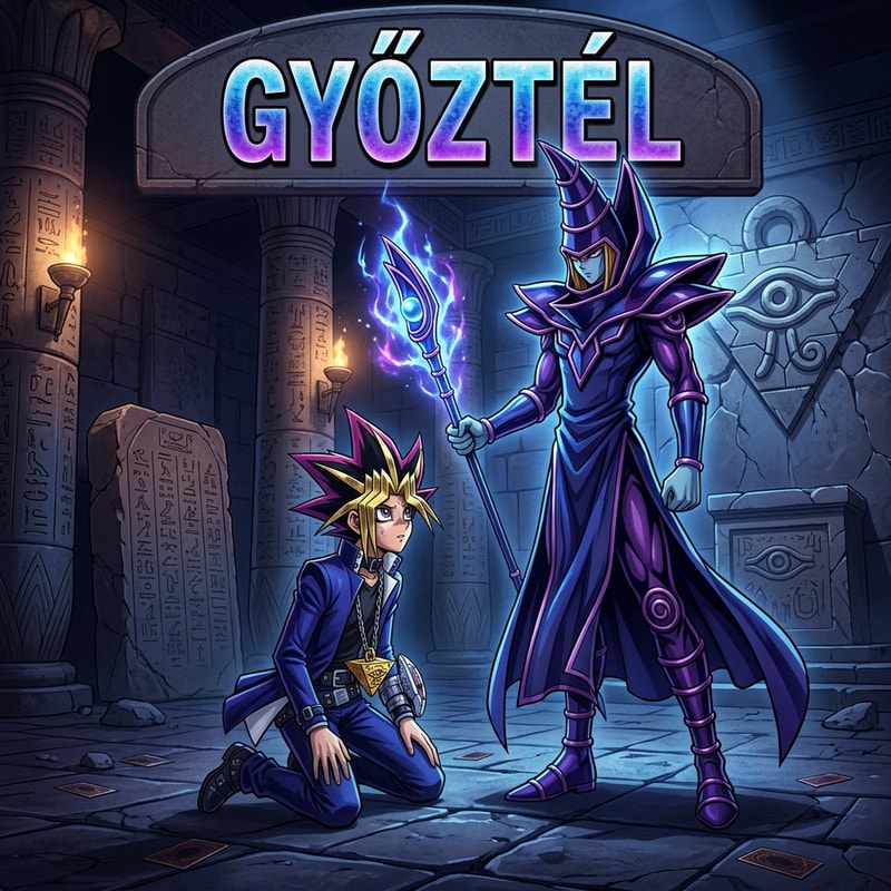 Szerkesz nekem 1 képet hogy Yugi térden állva van Sötétvarázslóval és oda van írva GYŐZTÉL