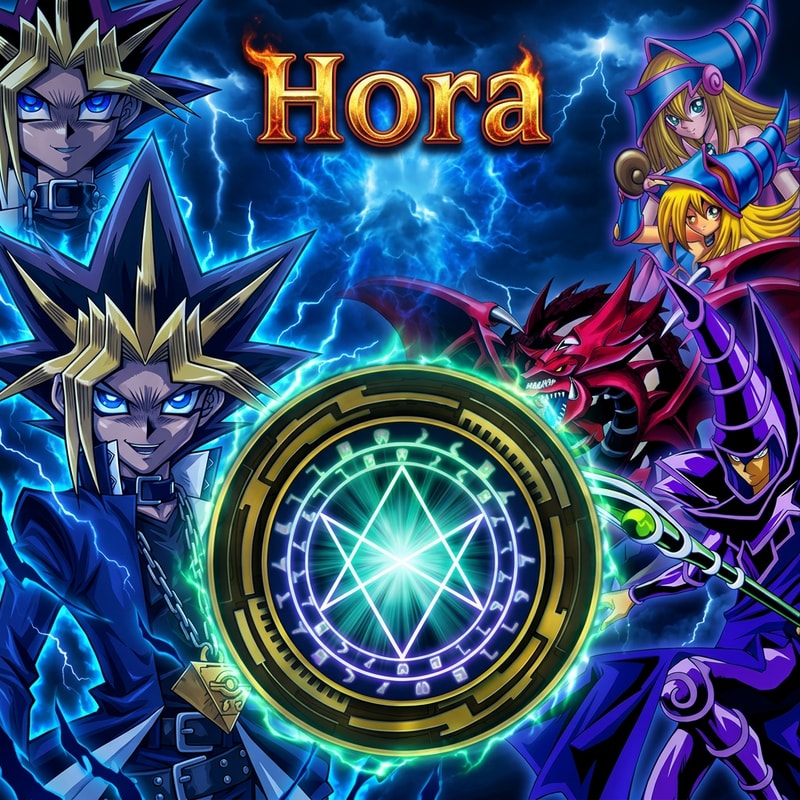 Ezt módosítsd nekem. Legyen szimplán annyi írva felülre. Hora és a háttér Yugi legyen kék színnel izzó kék szemmel és gonosz mosolyal